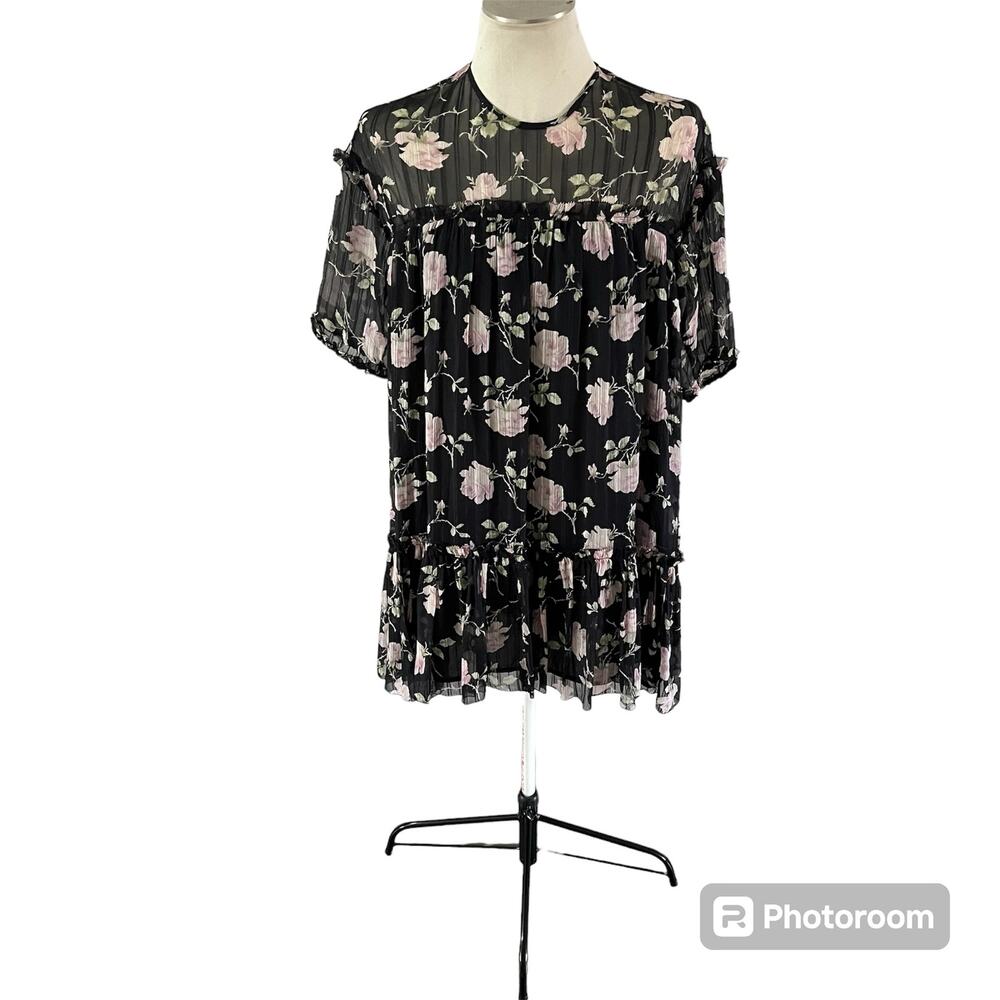 Ulla Johnson 100% Silk Ruffle Detail Floral Mesh Shift Dress Sz 2 Cottagecore
